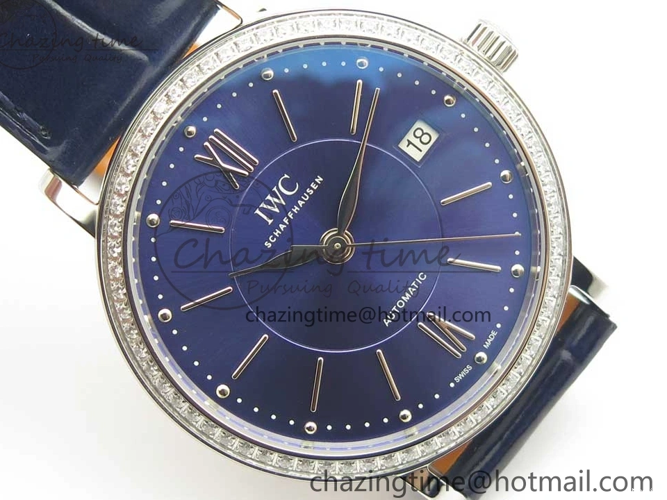 MIROTIME 1224 Fashionable Portofino IW458101 Diamond Bezel SS MK 1:1 Best Edition Blue Dial On Blue Leather Strap MIYOTA 7169